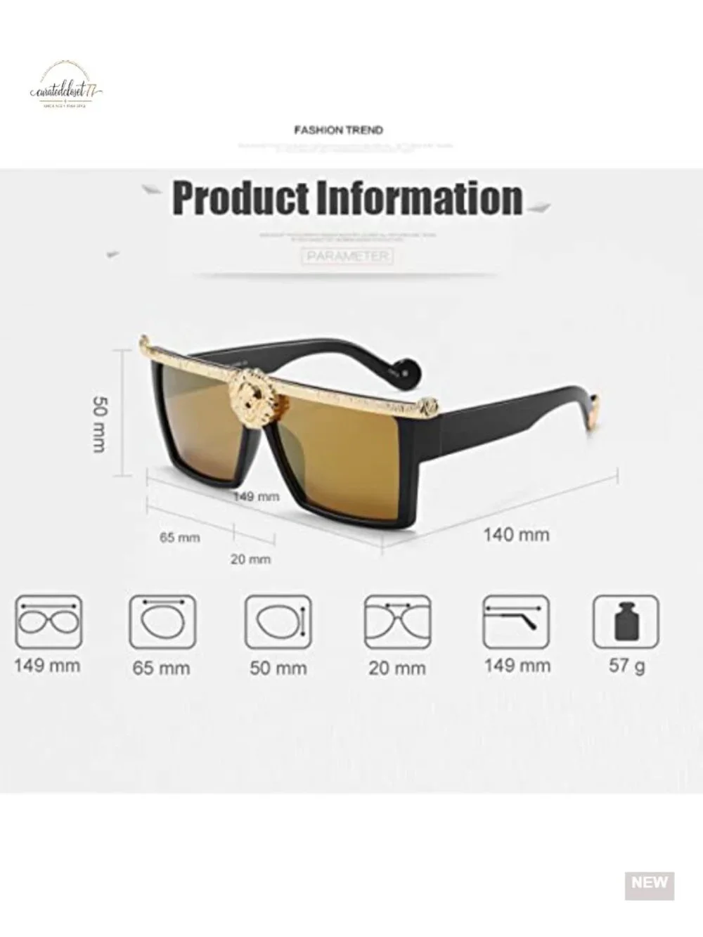 Oversized Square Sunglasses Flat Top Thick Plastic UV400 Protection 57mm